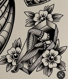 an old school tattoo design with flowers and a cross on the bottom half of it