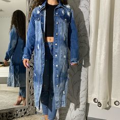 Fashion Nova Never Worn Oversized Light Wash Outerwear With Buttons, Chic Denim Blue Button-up Outerwear, Oversized Blue Outerwear For Fall, Chic Light Wash Outerwear With Button Closure, Chic Long Sleeve Medium Wash Outerwear, Blue Denim Jacket With Buttons For Winter, Long Jean Jacket, Chic Blue Denim Outerwear, Blue Spring Outerwear With Button Closure