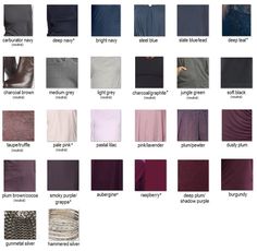 the color chart for different colors of clothing and accessories, with text that says it's all in purple