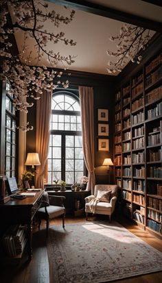 a living room filled with lots of furniture and bookshelves next to a window