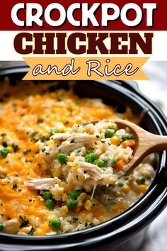 chicken and rice casserole in a crockpot with a wooden spoon on the side