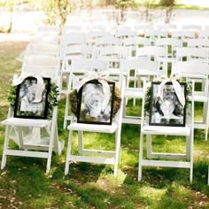 white chairs with pictures on them are set up in the grass for an outdoor ceremony