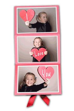 two pictures with hearts and the words love you written on them are shown in three different frames