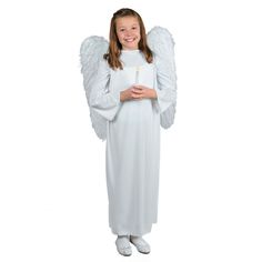 Angel Costume With Candle. This angel's gotten her wings and is ready to fly! Dress her in this pure white guardian angel costume for her school performance, church Christmas pageant or holiday party. The glow of her flameless candle perfectly matches her angelic spirit! Add your own twinkling halo to complete the look. Candle requires 1 "AA" battery, not included. Imported.Includes: Child's Polyester Large/XL Gown (fits sizes 10-14)  Marabou Feather Wings With Elastic Straps (feathers on both s Kids Angel Costume, Angel Dress Up, Character Props, Animal Costumes For Kids, Pixie Costume, Biblical Costumes, Nativity Costumes, School Performance, Toddler Girl Halloween