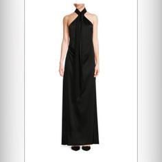 Halterneck Sleeveless Pullover Lining: Polyester Acetate & Polyester Dry Clean Imported Size & Fit Column Silhouette About 52" From Shoulder To Hem Us Size 4 Chic Silk Maxi Dress For Black-tie Events, Silk Fitted Maxi Dress For Black-tie Events, Pre-draped Sleeveless Maxi Dress For Dinner, Sleeveless Silk Dress For Black-tie Events, Sleeveless Maxi Dress For Black-tie Events, Silk Sleeveless Dress For Black-tie Events, Black-tie Satin Dresses, Fitted Halter Neck Dress For Black-tie Events, Chic Silk Dress For Black-tie Events