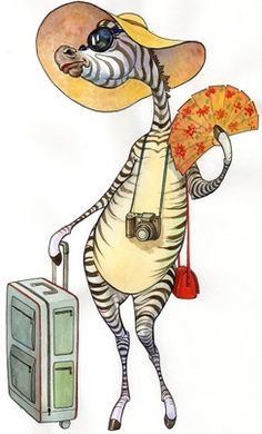 a drawing of a zebra wearing a hat and holding a fan