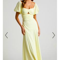 Brand New Pastel Yellow Maxi Dress Perfect For Weddings, Summer/Spring Cottage Core Vibes! Never Been Worn, Just Too Big For Me! Sweetheart Neckline Ruched Midi Dress For Wedding, Wedding Midi Dress With Sweetheart Neckline And Ruched Detail, Spring Wedding Maxi Dress With Sweetheart Neckline, Fitted Floor-length Dress For Brunch, Fitted Floor-length Brunch Dresses, Spring Wedding Dresses With Ruched Bodice, Short Sleeve Dress With Ruched Bodice For Wedding, Wedding Dress With Ruched Bodice And Short Sleeves, Short Sleeve Wedding Dress With Ruched Bodice