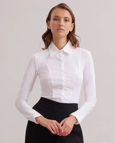 The White Shirt Signature for Women | Anne Fontaine US Fitted Shirt With Buttons For Daywear, Fitted Long Sleeve Tops For Office, Formal Long Sleeve Fitted Blouse, Fitted Tops With Spread Collar, Fall Season Semi-formal Shirt, Semi-formal Collared Slim Fit Tops, Fitted Collared Blouse For Office Wear, Elegant Fitted Button-up Tops, White Fitted Blouse With Fold-down Collar