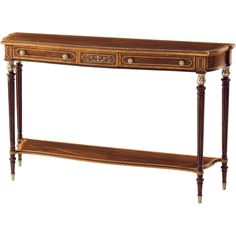 a wooden console table with two drawers on one side and an ornate design on the other