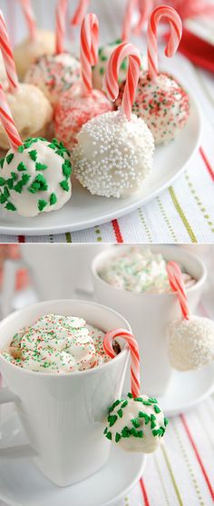 two pictures of hot chocolates and marshmallows on a plate with candy canes