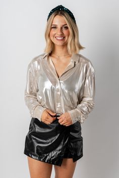 Metallic button up top champagne - Trendy Holiday Apparel at Lush Fashion Lounge Boutique in Oklahoma City Satin Clothes, Satin Button Up, Shiny Jacket, Editorial Board, Holiday Apparel, Shiny Clothes, Satin Blouses, Mini Skater Dress, Detailed Sweater