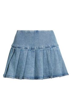 Crisp pleats lend swingy movement to this stem-showing denim skirt. 13" length (size Medium) Unlined 99% cotton, 1% spandex Machine wash, tumble dry Imported Not available for sale and shipment to Germany Fitted Cotton Casual Tennis Skirt, Short Denim Blue Cotton Mini Skirt, Denim Blue Cotton Skort, Short Length, Denim Blue Cotton Skort Of Short Length, Denim Blue Cotton Skort In Short Length, Denim Blue Cotton Skort, Spring Cotton Pleated Skort, Spring Cotton Tennis Skirt, Spring Cotton Skirted Tennis Skirt