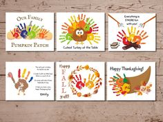 four thanksgiving cards with turkeys and handprints on them, all in different colors