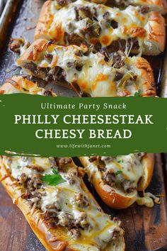 the ultimate party snack for philly cheese steak cheesy bread is ready to be eaten