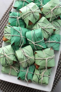 green and brown paper wrapped in twine on top of a white plate with nuts