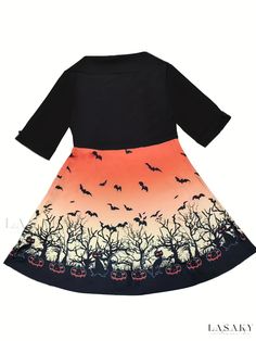 Lasaky - Halloween Pumpkin Print A-Line Dress with Elegant Rolled Sleeves - Womens Fashion Piece Spooky Halloween Costume Party Dresses, Witchy Dresses For Costume Party In Fall, Orange Halloween Costume Dress, Fall Care, Rolled Sleeves, Pumpkin Print, Type A, Halloween Pumpkin, Pattern Blocks