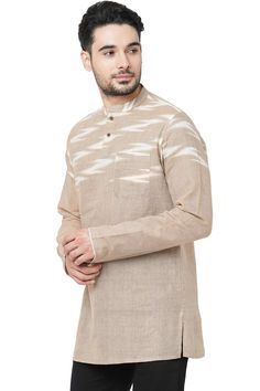 MEN'S RUST COLOR HANDLOOM COTTON HALF IKKAT WEAVE MEN SHORT KURTA Brown Fabric, Rust Color, Fabric Cotton, Sleeve Type