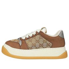 Gucci Screener GG Leather Sneakers 'Brown Beige White' 750048-FAB39-9754 Luxury Brown Sneakers With Leather Sole, Brown Sneakers With Contrast Sole, Luxury Beige Round Toe Sneakers, Gucci Beige Low-top Sneakers, Designer Brown Sneakers With Rubber Sole, Brown Gucci Sneakers For Streetwear, Gucci Brown Sneakers With Branded Heel, Gucci Brown Sneakers With Branded Heel Counter, Gucci Brown High-top Sneakers