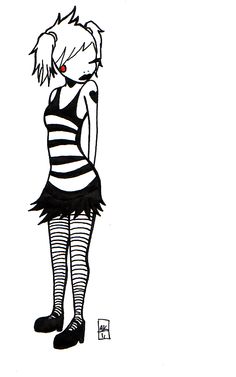 a black and white drawing of a girl with short hair wearing a striped shirt and skirt