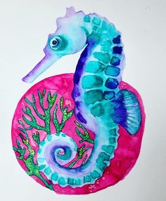 a watercolor painting of a seahorse on a pink circle with green corals