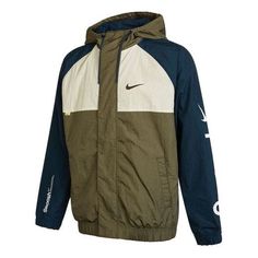 Men's Nike Alphabet Logo Printing Colorblock Hooded Jacket Autumn Olive Green DX6311-222 Winter Outdoor Windbreaker With Contrast Color, Hooded Track Jacket With Contrast Color For Winter, Hooded Contrast Color Track Jacket For Winter, Winter Hooded Track Jacket With Contrast Color, Winter Track Jacket With Contrast Color For Outdoor, Green Hooded Outerwear With Color Block, Hooded Green Color Block Outerwear, Winter Outdoor Track Jacket With Contrast Color, Green Hooded Color Block Outerwear