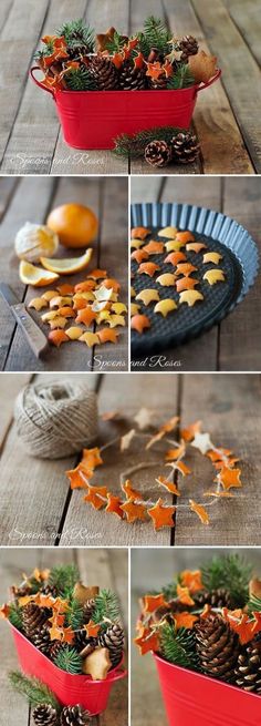 the steps to make a christmas wreath out of pine cones and oranges in a red bowl