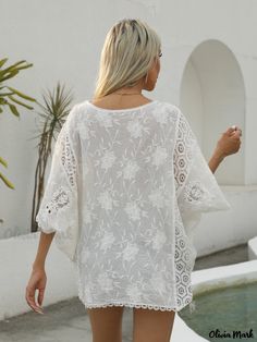 Olivia Mark - Floral Pattern V Neck Blouse, Casual Batwing Sleeve Blouse For Spring & Fall, Women's Clothing Summer Beach Blouse With Crew Neck, Summer Crew Neck Blouse For Beach, Summer Crew Neck Blouse For The Beach, Flowy White Top For Beach Cover-up, Flowy V-neck Tops For Beach Cover-up, Summer Vacation Blouse With Crew Neck, Crew Neck Summer Vacation Blouse, Crew Neck Summer Blouse For Vacation, Summer Crew Neck Blouse For Daywear