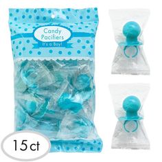 candy pacifiers in a bag with blue polka dots