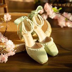 Color: Green, Shoes Size: 36 Pastel Green Heels, Ladies Aesthetic, Cottagecore Shoes, Green Coquette, Birthday Colors, Aesthetic Square, Square Toe Mary Jane, Homecoming Shoes, Fairy Shoes