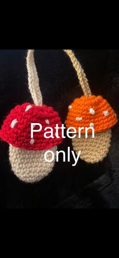 two crocheted purses sitting on top of a black surface with the words pattern only