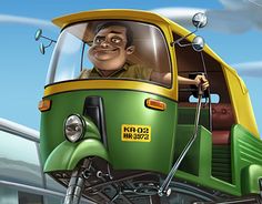 a cartoon man driving a green and yellow bus