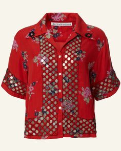 Stevie Carmine Coin Shirt Bohemian Button-up Top With Graphic Print, Bohemian Printed Button-up Top, Bohemian Embroidered Button-up Shirt, Embroidered Bohemian Button-up Blouse, Bohemian Red Button-up Top, Alix Of Bohemia, Red Floral Print, Vintage Hawaiian Shirts, Open Neck