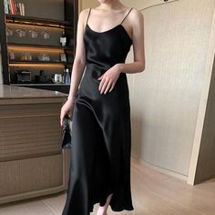 Silky Women Sling Dress V Neck Spaghetti Strap Backless Satin Midi Dress Pure Color Women Evening Summer Evening Dress, Party Midi Dress, Silk Evening Dress, Plain Skirt, Women's Evening Dresses, Midi Dress Party, Strappy Dresses, Satin Wedding, Satin Slip