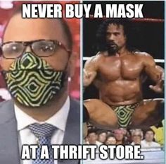 a man in a suit and tie with a fake mask on his face next to an image of a wrestler