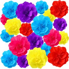 colorful paper flowers arranged in rows on white background