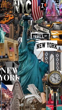 new york collage with the statue of liberty, taxi cabs and street signs