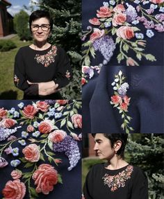 the woman is wearing a black dress with flowers on it and has her arms crossed