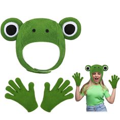 a woman wearing a frog hat and gloves with her hands in front of her face