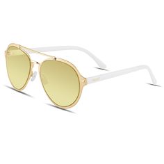 Style: V732GD50 Frame: Gold Lens: Light Yellow Size: Medium (55mm X 17mm X 140mm) Imported The Velvet® "Jesse" is a modified medium size aviator with plastic temples for a super comfy fit. The shape is slightly more round on the bottom so it's a great style for Oval, Square, and Heart Face shapes. This Jesse is featured in gold with a light yellow lens for those trendy days or nights! 100% UV Protection All Velvet sunglasses come with a Velvet "Love it or Return it" Guarantee! Have a Question? G White Aviator Sunglasses For Summer, Modern White Aviator Sunglasses, White Aviator Sunglasses With Uv Protection, Modern White Aviator Sunglasses For Summer, Modern Gold Aviator Sunglasses For Spring, White Casual Aviator Sunglasses With Anti-reflective Coating, White Aviator Sunglasses With Tinted Lenses, Casual White Aviator Sunglasses With Anti-reflective Coating, Casual White Aviator Sunglasses With Uva Protection