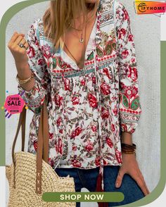 Ethnic Bohemian Floral Print Long Sleeve V-neck Women Blouse Top Multicolor V-neck Peasant Top For Fall, Fall Bohemian V-neck Blouse, Bohemian V-neck Blouse With Boho Print, Bohemian V-neck Top With Boho Print, Multicolor Floral Print V-neck Peasant Top, Bohemian V-neck Peasant Top With Floral Print, Multicolor V-neck Peasant Top For Festival, Festival Floral Print V-neck Top, Bohemian V-neck Printed Blouse