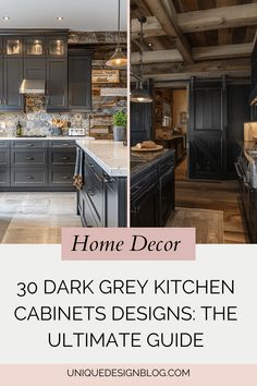 the interior of a kitchen with dark gray cabinets and white counter tops, is featured in an article titled home decor