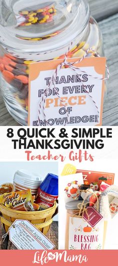 thanksgiving gift in a jar with the words 8 quick and simple thanksgiving gifts inside it