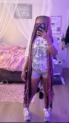 Jumbo Box Braids Color Ideas, Black And Purple Boho Braids, Purple Braids Hairstyles, Blond And Pink Braids, Brown And Purple Braids, Blue And Purple Braids, Purple Peekaboo Braids, Pink And Green Braids, Blonde And Purple Braids