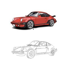 an image of a red car on a white background with the outline drawing below it