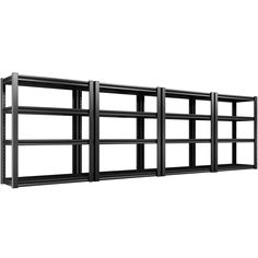 three black metal shelves are shown against a white background with no one in the photo