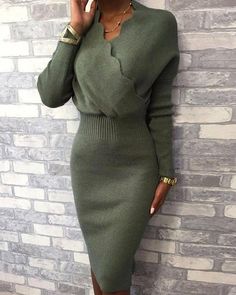 US$ 45.03 - Solid Long Sleeves Bodycon Knee Length Little Black/Elegant Sweater Dresses - m.narachic.com Tight Long Sleeve Dress, Autumn Dresses, Midi Dress Outfit, Bodycon Sweater Dress, Bodycon Sweater, Elegant Sweater, Basic Skirt, Crochet Clothing, Body Con Dress