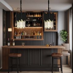 a bar with two stools and bottles on the back wall, in front of it