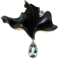 Carved Black Chalcedony Sculpture and Aquamarine 18 Karat Enhancer and Brooch ~ETS #stunning Shiny Bracelets, Art Deco Necklace, Aquamarine Jewelry, Colorful Jewelry, Black Jewelry