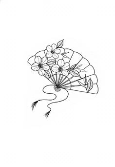 a black and white drawing of flowers on a fan