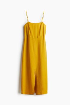 Fitted  calf-length dress in woven fabric. Adjustable  extra-narrow shoulder straps  square neckline  opening at back with narrow ties  and a concealed zipper at one side. Straight-cut hem with a slit at front. Unlined. Calf Length Dress, Square Necklines, Straight Cut, Square Neckline, Mustard Yellow, Shoulder Straps, Woven Fabric, Mustard, Slip Dress